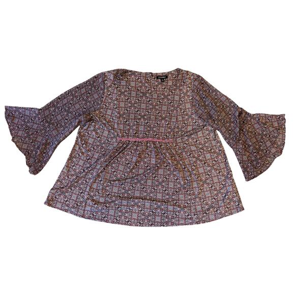 Roz & Ali 2X Boho Tunic Top Bell Sleeves Geometric Print Red Pink Black - Picture 1 of 4